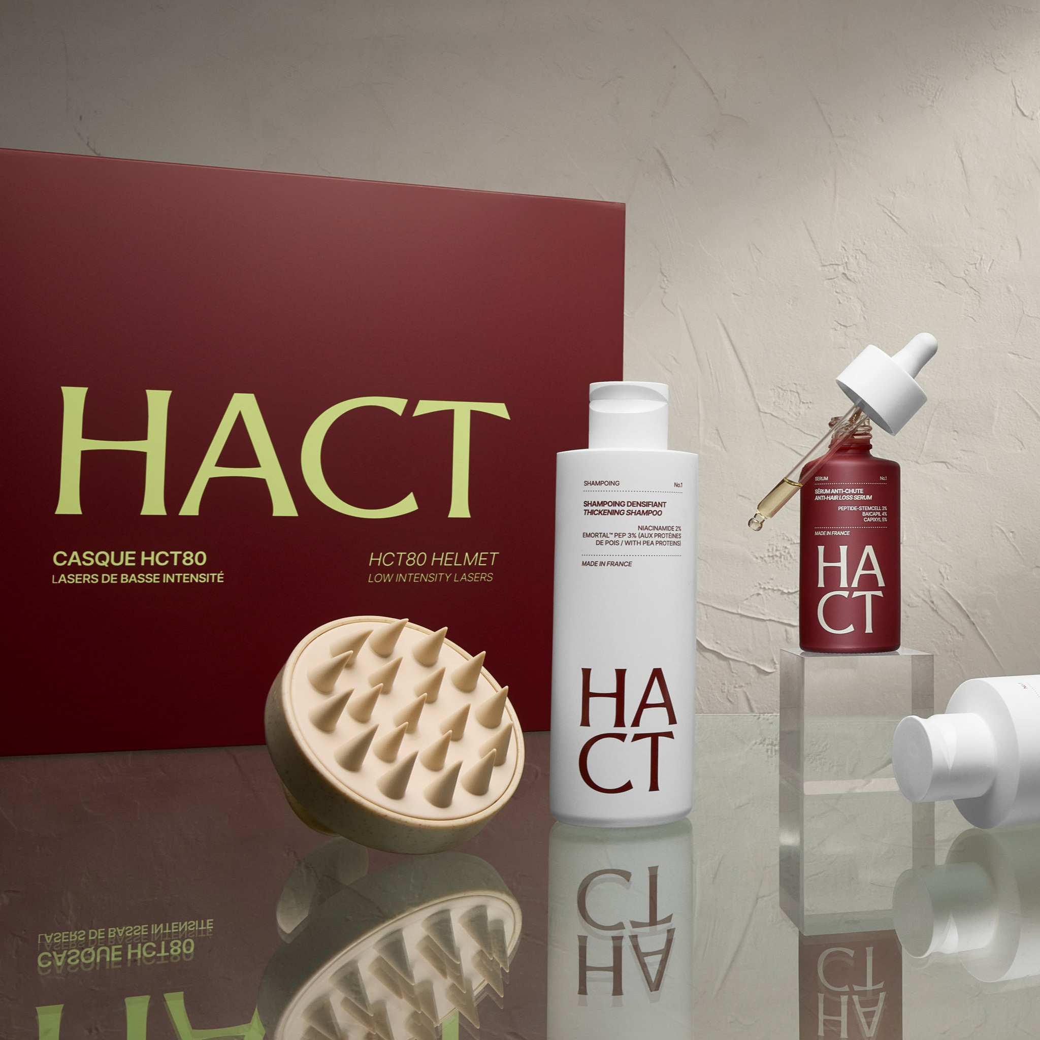 Boite rouge serum shampoing dermastamp et brosse massante 